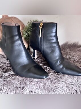 Louise et Cie Black Leather Ankle Boot with Gold Zip Accent